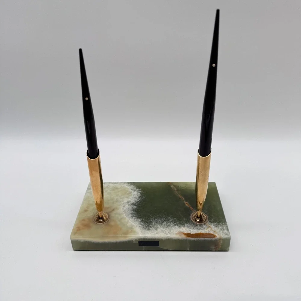 Vintage 1970's Sheaffer Desk Pen Set Green Onyx Marble Double Base Gold Trim